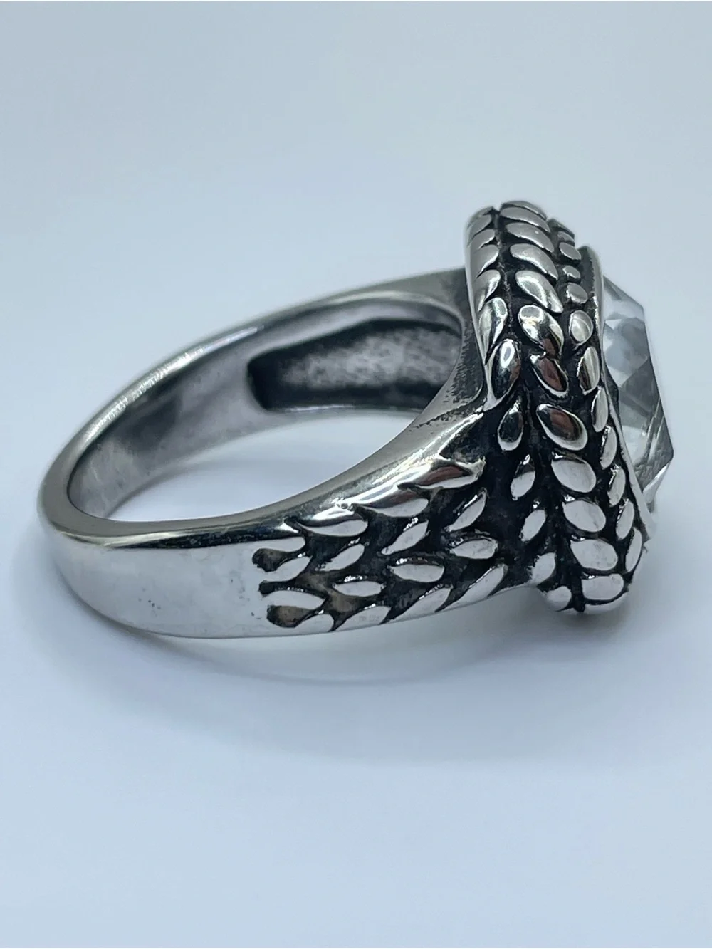 Silver Tone Clear Crystal Glass Cable Statement Ring Vintage Gothic Style